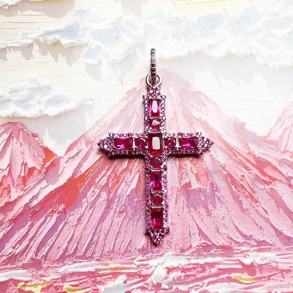 Silver Cross Flor a Necklace or a charm Pendant Round Cut Stones Dia - Picture 11 of 17